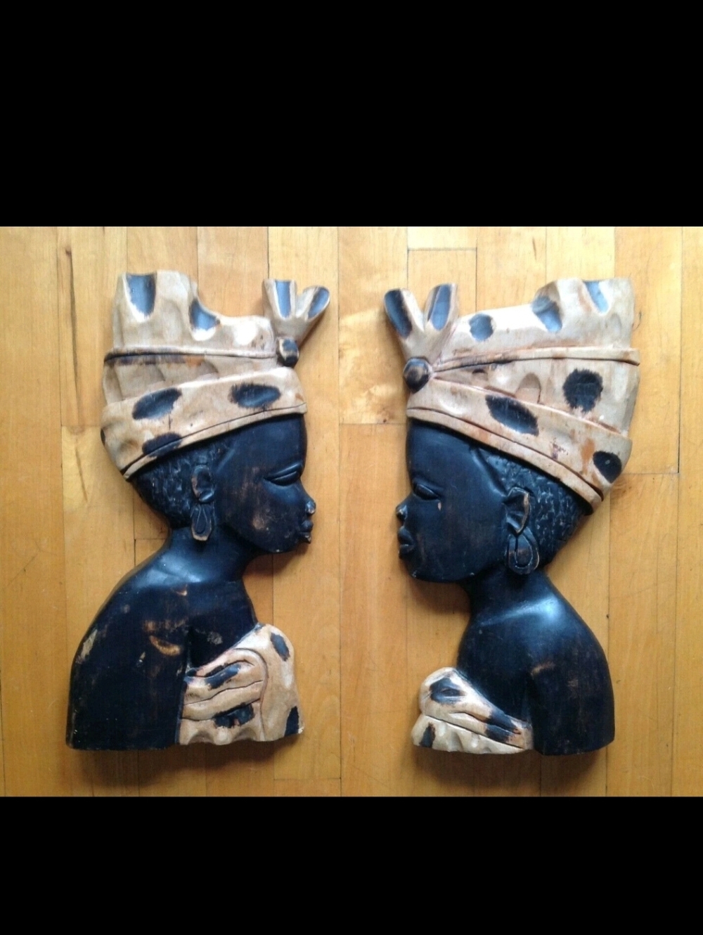AFRICAN NATIVE WOMAN'S HANDMADE WOODEN HEAD SCULPTURE FROM GHANA VINTAGE SET